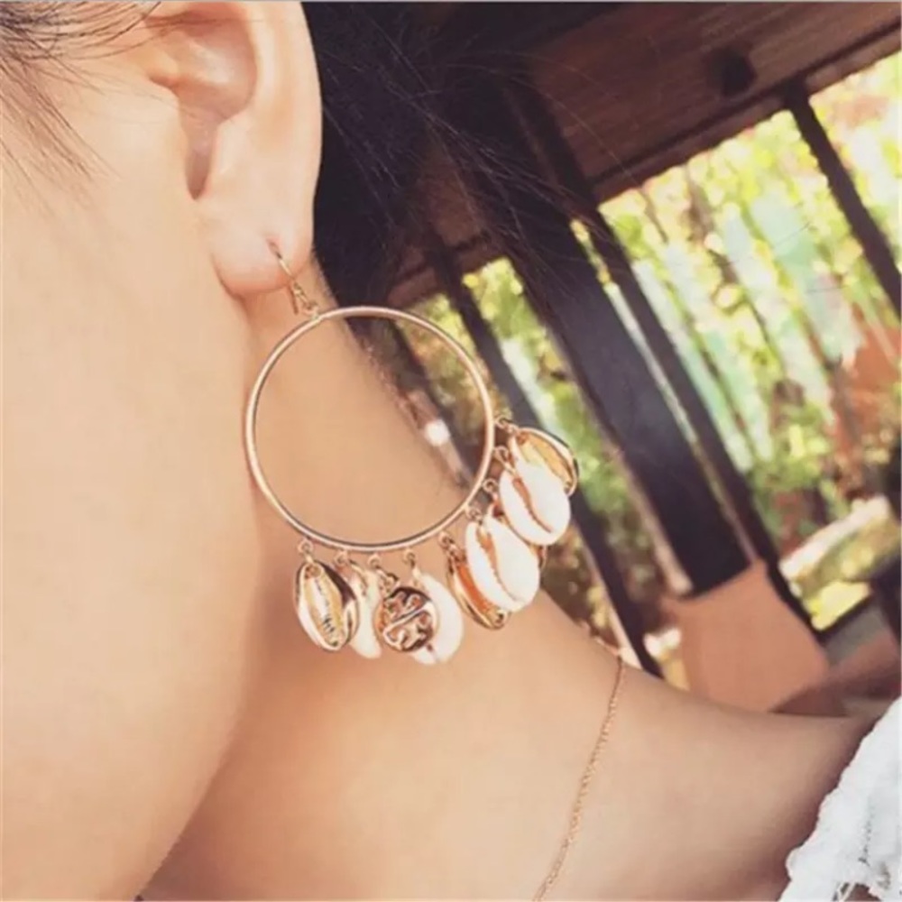 Bohemian Gold Hoop Cowrie Shell Earrings - Picture 3 of 6